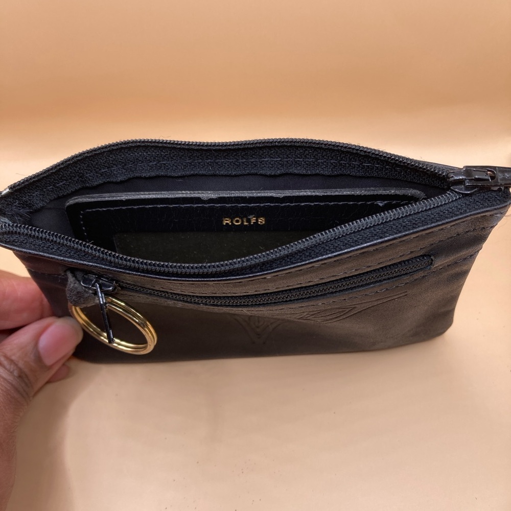 Rolfs Black Cowhide Leather Change Purse/Card Holder/Key Ring with Zip Pockets